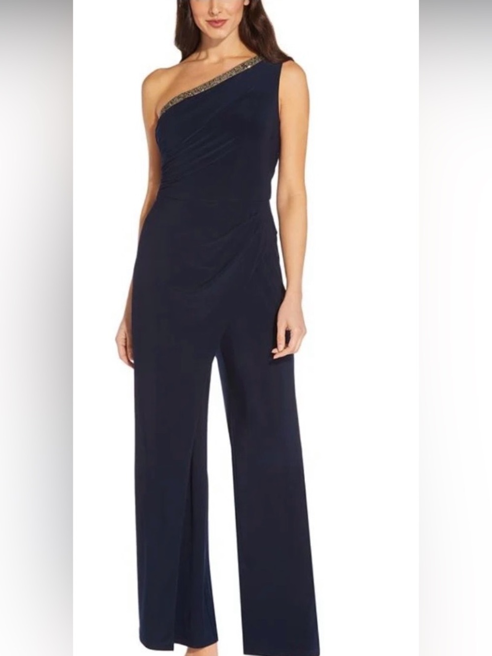 Adrianna Papell Navy One-Shoulder Evening Gown with Glitter Trim Jumpsuit
